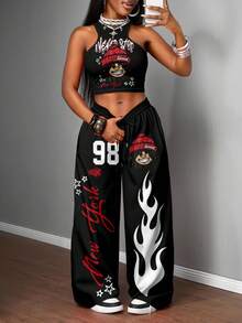 Slaydiva 2 件套女士休闲街头紧身吊带背心和宽松裤子套装，适合街头风格，黑色卡通人物和火焰印花，适合嘻哈 - 彩色 - 查看 5