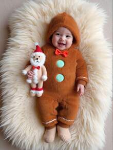 SHEIN Bộ đồ liền quần có mũ trùm đầu có khóa kéo cho bé trai, chủ đề Giáng sinh, mùa thu/đông - màu nâu - Xem 1