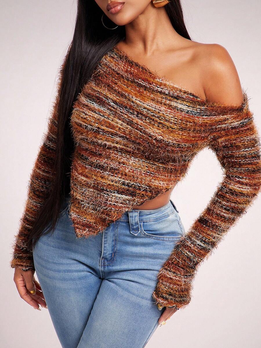 Radiana Top sexy casual vintage pentru femei, toamnă/iarnă, Maillard, maro, asimetric, cu mânecă lungă, pulover tricotat, moale și confortabil pentru toamnă/iarnă, pulover cu umăr dezbrăcat, top scurt cu umăr dezbrăcat, top scurt, maro ruginiu, top, pulover cu umăr dezbrăcat