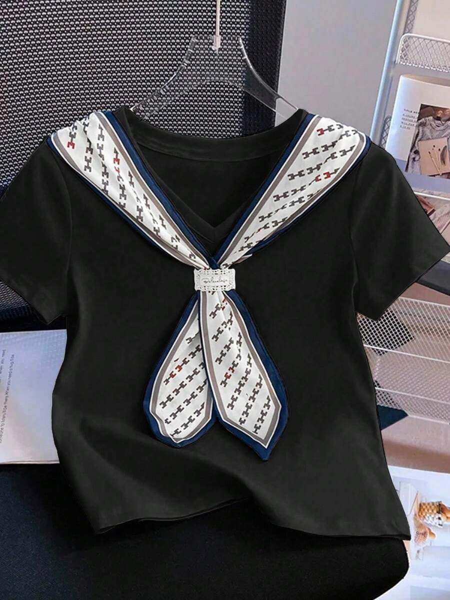 Franclia Women's Casual Contrast Color Shawl Decor T-Shirt, Summer