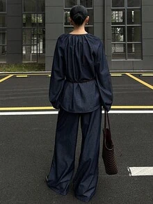 DAZY 秋冬新款宽松休闲复古风女装V领灯笼袖上衣和牛仔裤套装 - 藍色 - 查看 2