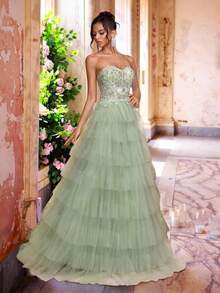 Glamrae 优雅奢华浅绿色手工3D花卉水晶装饰多层超长裙摆晚礼服，女式，下摆宽大 - 綠色 - 查看 2