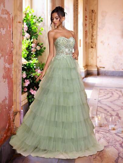 Glamrae 优雅奢华浅绿色手工3D花卉水晶装饰多层超长裙摆晚礼服，女式，下摆宽大