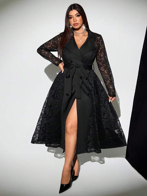 Viva Relle 大码女式蕾丝拼接长款风衣外套，优雅休闲通勤日常系带双排扣西装大衣，适合派对穿着