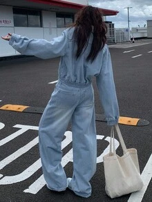 DAZY 女式休闲浅水洗蓝色翻领牛仔套装，秋季 - 藍色 - 查看 2