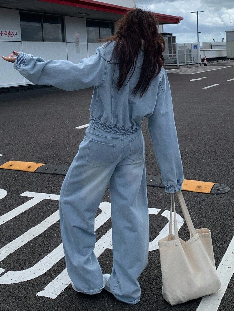 Women's Casual Light Washed Blue Denim Suit With Turndown Collar, Autumn