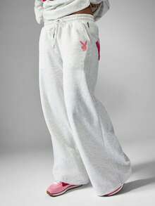 Missguided x Playboy Wide Leg Joggers With Colorful Letter Applique Patches Casual Loungewear Sweatpants For Fall Winter Comfort - Light Grey - View 2