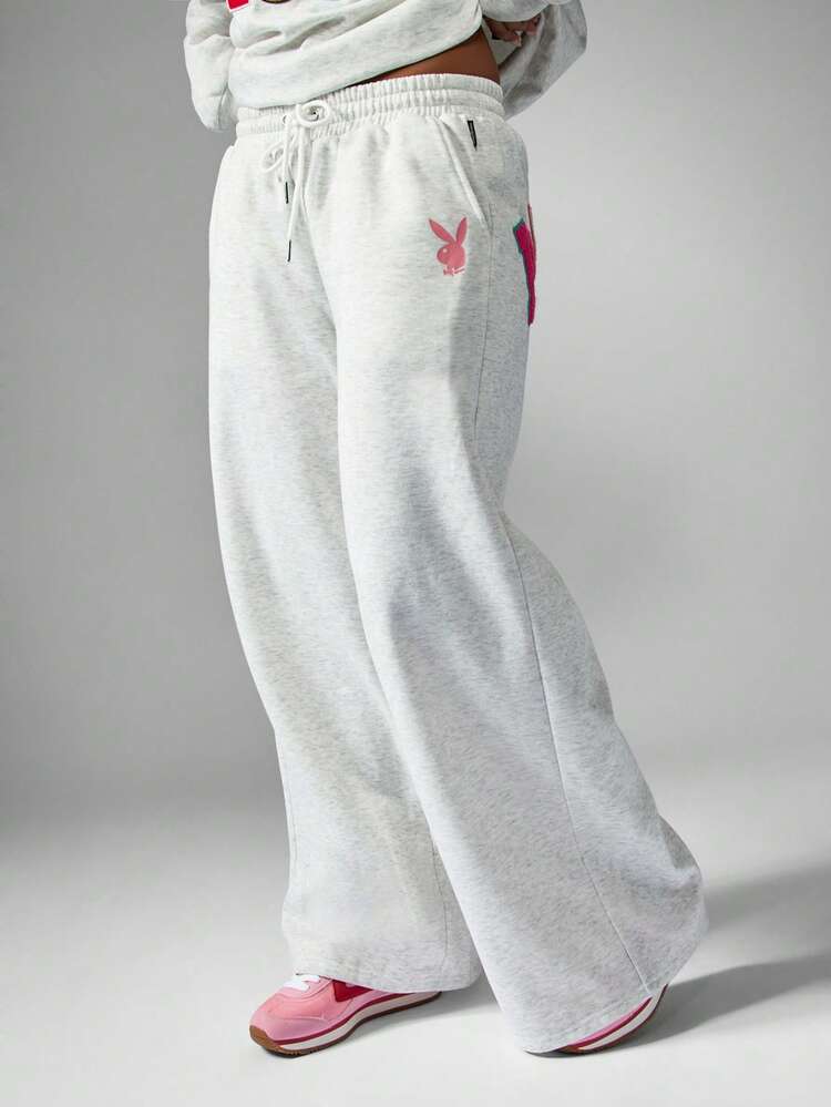 Missguided x Playboy Wide Leg Joggers With Colorful Letter Applique Patches Casual Loungewear Sweatpants For Fall Winter Comfort