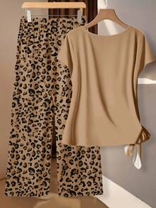 Conjunto de 2 piezas con estampado de leopardo y corazón para mujer talla grande, conjunto casual de vacaciones, primavera/verano - Multicolor - Ver 2