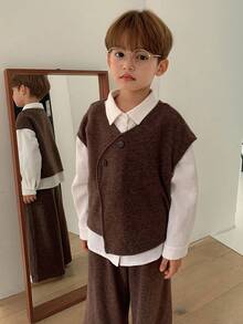 Hapijoa 2pcs/Set Toddler Boys Minimalist Sleeveless Top And Straight Leg Pants, Casual Loose Outfit, Autumn - Brown - View 7