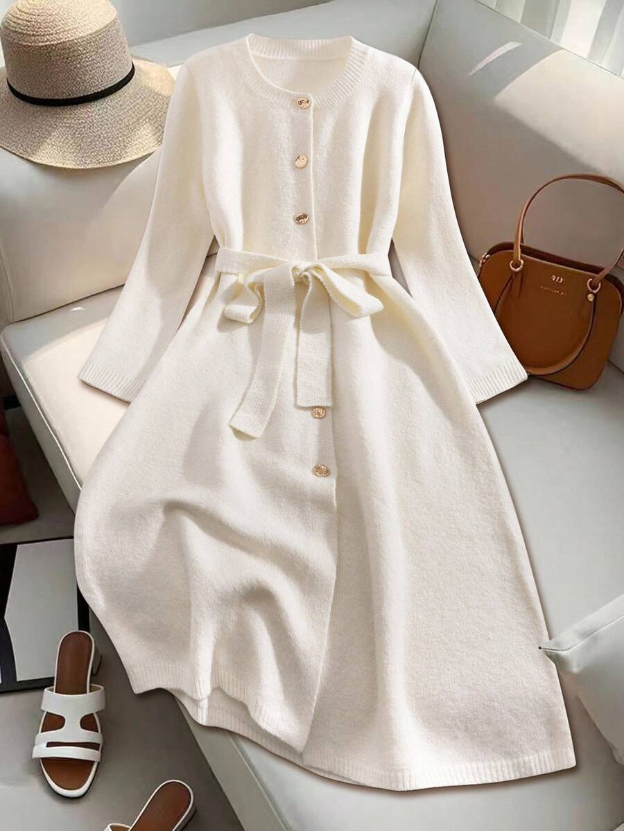 SHEIN Franclia 女士圆领纽扣配腰带长款针织毛衣裙