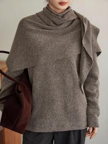 Dazy-Less 女士宽松商务休闲斗篷式针织毛衣套装，适合秋冬季办公室穿着 - 棕色 - 查看 5