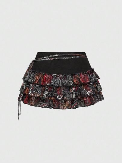 Hippie Jupe plissée à volants avec décoration de perles en bois et imprimé cachemire de style hippie rétro pour vacances pour femmes