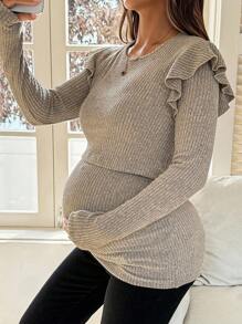 SHEIN 秋装，秋季服装，孕妇装 秋季服装 孕妇休闲纯色荷叶袖哺乳上衣 孕妇装 长袖孕妇上衣 米色孕妇上衣 罗纹孕妇上衣 哺乳孕妇上衣 哺乳服 孕妇衬衫 产后服装 孕妇上衣 孕妇衬衫 - 杏色 - 查看 4