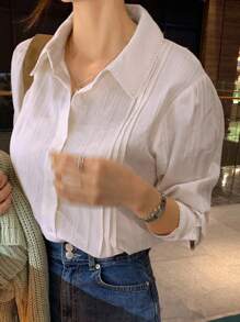 DAZY 纯色纽扣前衬衫，长袖上衣秋季 - 白色 - 查看 10