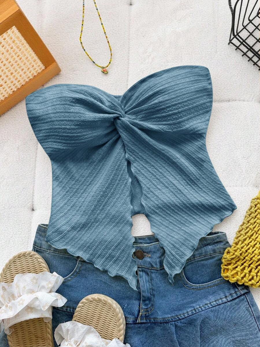 SHEIN Áo hai dây viền bất đối xứng thoải mái tối giản dành cho bé gái tuổi mới lớn - Màu xanh hải quân - Xem 1