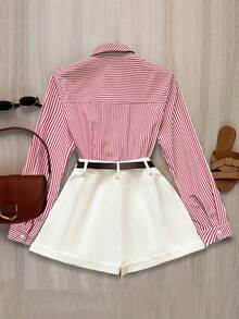 Airaco 女式条纹长袖纽扣衬衫和短裤休闲两件套 - 紅白色 - 查看 2