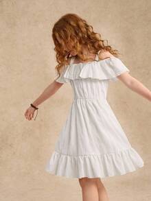 Tween Girl Cold Shoulder Ruffle Hem Dress Summer Holiday - White - View 3