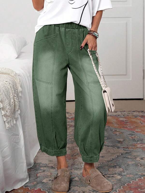 EMERY ROSE Women's Casual Street Loose Waist Patchwork Pocket Washed Harem Jeans Green Pants For Women Women Casual Pants Women Summer Pants Women Cargo Pants Women Olive Green Pants