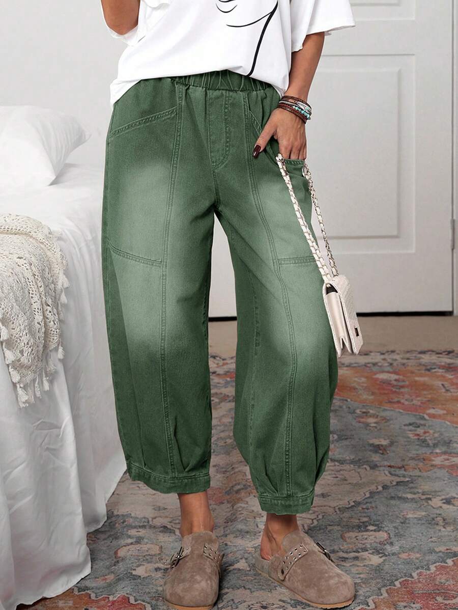EMERY ROSE 女士休闲街头宽松腰部拼布口袋水洗哈伦牛仔裤女绿色裤子女士休闲裤女士夏季裤子女士工装裤女士橄榄绿裤子