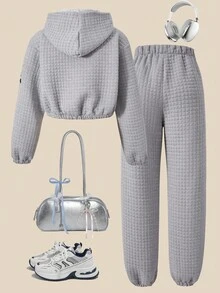 SHEIN Explorewe 2pcs Tween Girls Casual Button Hoodie Jacket & Pants Set Fall Winter - Multicolor - View 2
