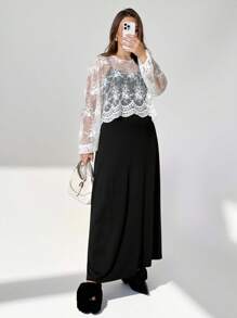 Auralis Plus Size Women's Autumn Fashion Casual Loose Comfortable Basic Daily Versatile White Lace Crop Top And Black Vest Long Skirt Two-Piece Set, Autumn Clothing, Women's Casual Suit, Going Out Clothing, Office Wear, Elegant, Business Casual, Everyday Wear - Black and White - View 5