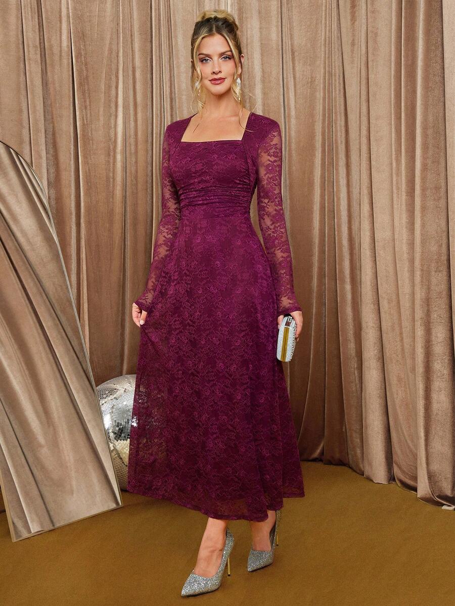 Amorya Áo khoác ren thanh lịch dành cho nữ và váy ôm sát eo, thích hợp mặc hàng ngày vào mùa thu - Màu Đỏ Sâu - Xem 1