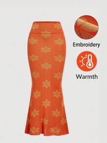 SHEIN MOD Women's Elegant Floral Pattern Mermaid Hem Knit Skirt In Fall/Winter - Orange - View 3