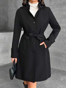 EURMUSE Women's Long Fit FW Fashion Belted Hooded Regular Coat - Black - View 5
