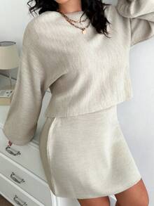 EURMUSE Plus Size Batwing Sleeve Sweater & Knit Skirt - Apricot - View 6