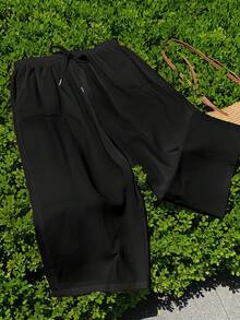 SHEIN Comfortcana 大码女式休闲黑色宽松长裤，适合春夏季度假和秋季 - 彩色 - 查看 4