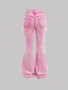 SHEIN Girlism 少女秋冬Y2K可爱复古都市街头风粉色牛仔高腰喇叭裤，饰有白色蝴蝶结，适合秋冬日常穿着、返校季和圣诞节，街头风，喇叭裤，Y2K牛仔裤，蝴蝶结牛仔裤，牛仔裤，喇叭裤，粉色蝴蝶结牛仔裤，蝴蝶结牛仔裤，粉色蝴蝶结裤，可爱牛仔裤，蝴蝶结牛仔裤 - 粉色 - 查看 2