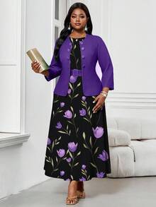 SHEIN Lady Autumn And Winter Elegant Modest Commuting Office Purple Dress Purple Plus Size Co-Ords Round Neck Chic Women's Set Women's Country Clothing Country Dress Country Dress For Women Purple Printed Two-Piece Suit Going Out Tops Halloween Clothes For Women Halloween Clothes For Women Dresses For Women Teacher Outfits For Women 2 Piece Sets For Women Women's Dresses Plus Size Dresses For Women Purple Dress Black Formal Dress For Women Formal Dresses For Women - Multicolor - View 6