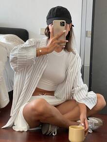 Livesso 女式宽松长袖翻领休闲条纹衬衫，春夏秋季上衣 - 白色 - 查看 1