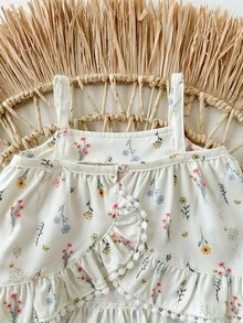 Bộ đồ liền thân họa tiết hoa kẻ sọc dễ thương mùa hè cho bé gái sơ sinh và quần short cạp chun - Nhiều màu - Xem 3