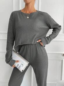 SHEIN Tall Women's Solid Color Crew Neck Long Sleeve Top And Pants 2 Pieces Set - Grey - View 3
