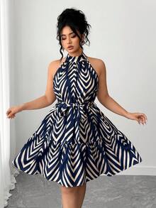 Elenzga Váy thường ngày in họa tiết thời trang cỡ lớn mới dành cho nữ - Màu xanh hải quân - Xem 3