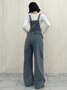 EURMUSE Casual Versatile Button Pocket Wide Leg Bib Overall For Women Jean Jumpsuit Jean Overalls Denim Jumpsuit - Medium Wash - View 2