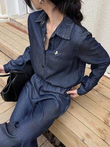 DAZY Women's Casual Loose Shirt And Wide Leg Jeans Suit, Autumn - Navy Blue - View 1