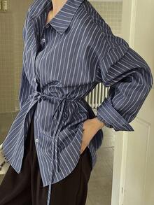 DAZY Women's Casual Commuter Striped Shirt With Turndown Collar, Long Sleeve Fall - Navy Blue - View 1