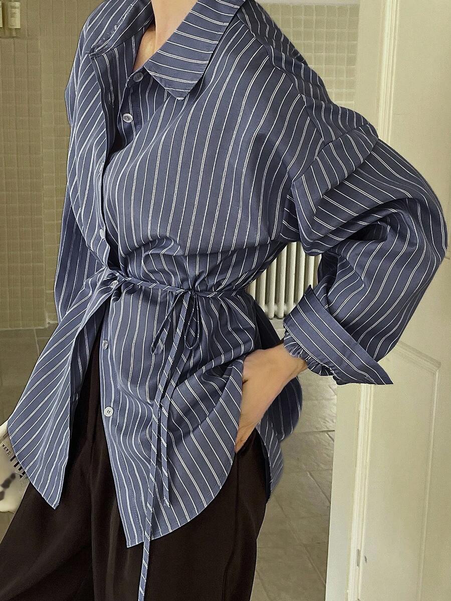 DAZY Women's Casual Commuter Striped Shirt With Turndown Collar, Long Sleeve Fall - Navy Blue - View 1