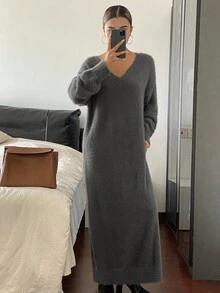 Livesso 女式纯色简约V领长袖毛衣裙秋冬 - 灰色 - 查看 3