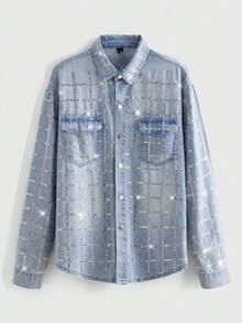 ROMWE Street Life Men's Rhinestone Decor Avant Long Sleeve Single-Breasted Denim Jacket - Blue - View 4