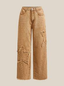Easelle Pantalon à étoile à cinq branches, bord brut, style rétro décontracté pour l'été - Camel - Voir 3