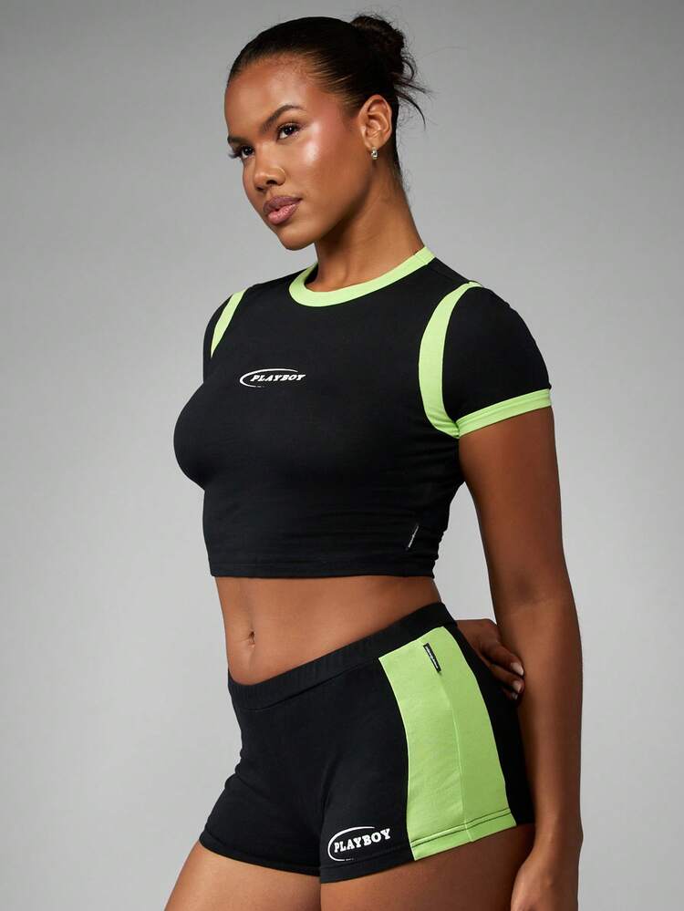 Missguided x Playboy Baby Tee Distressed Graphics Cropped Fitted Top Neon Color Block High Neck Summer Festival Street Style Aesthetic Y2K Retro
