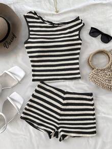 2 件套 Tween 女童休闲不对称纹理条纹露肩 T 恤和短裤套装 - 黑色 - 查看 3