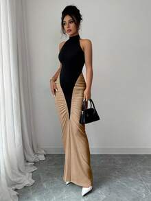 Elenzga 女士黑白拼色露背收腰鱼尾下摆优雅连衣裙，适合通勤和日常穿着 - 彩色 - 查看 3