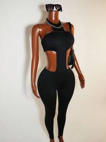 Mistrie Women's Sexy Backless Halter Neck Bodycon Jumpsuit, Summer - Black - View 4