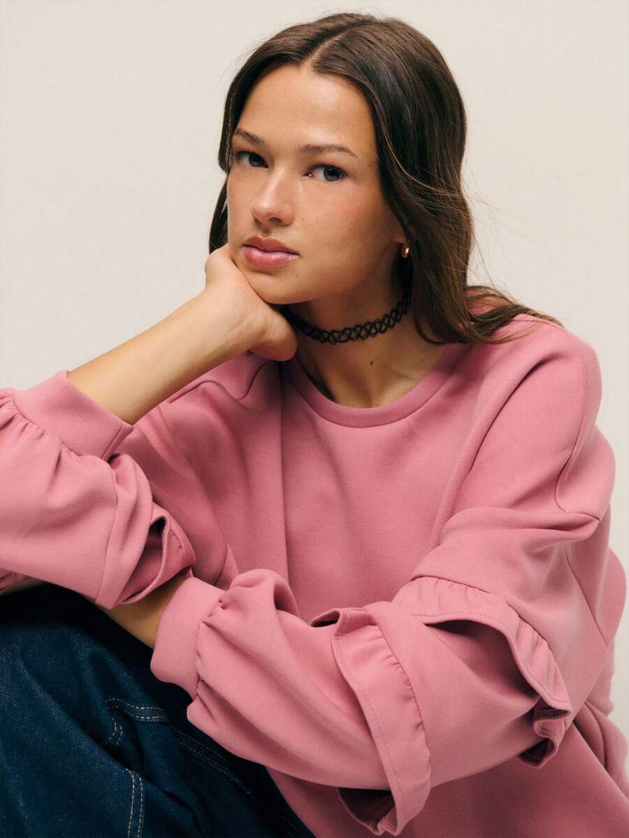 Nöista 粉色宽松运动衫，分层荷叶边袖子，休闲款式，非常适合女性时尚优雅的秋季时尚。 - 紅色 - 查看 1