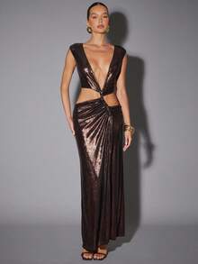 Hauture 女士时尚性感镂空不对称长裙 - 咖啡棕 - 查看 1